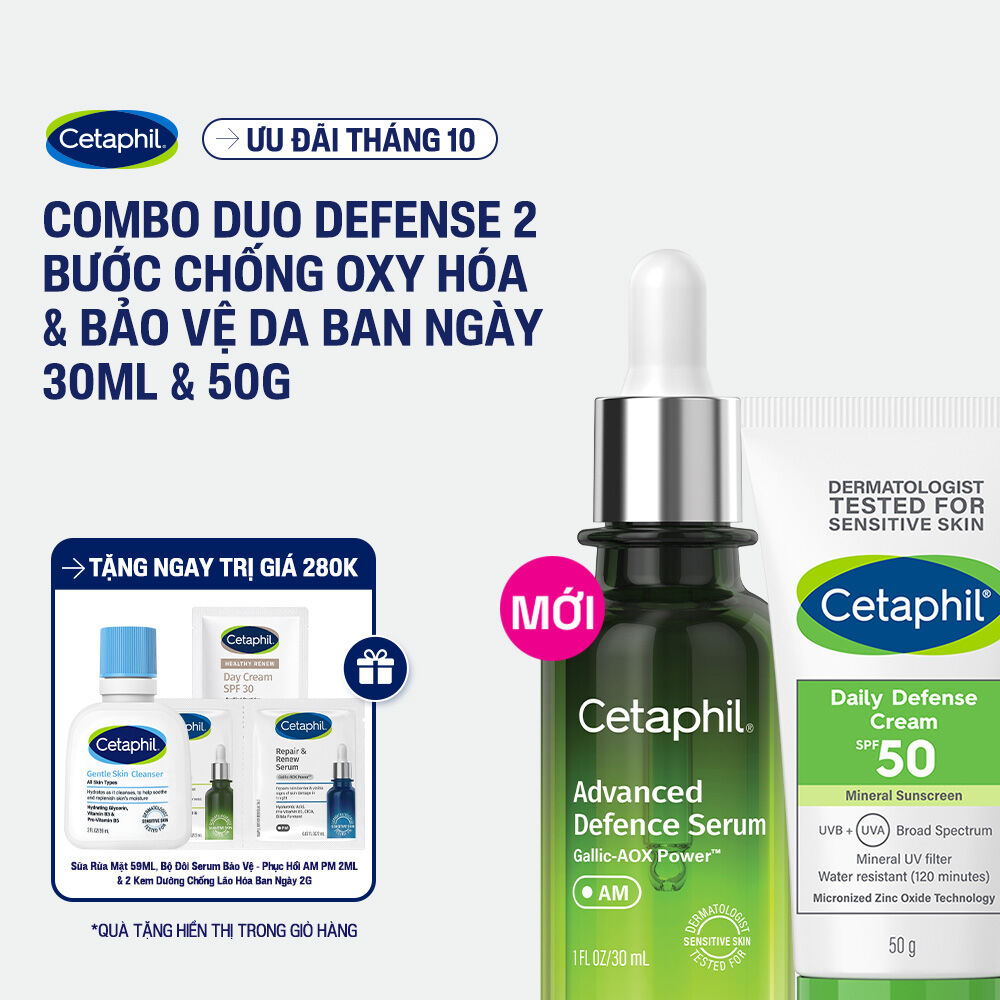 Combo Serum Tinh chất bảo vệ dưỡng da Cetaphil Advanced Defence 30ml và Kem chống nắng dưỡng ẩm 2in1 cho da thiên dầu nhạy cảm Cetaphil Daily Defense Cream SPF50 50G