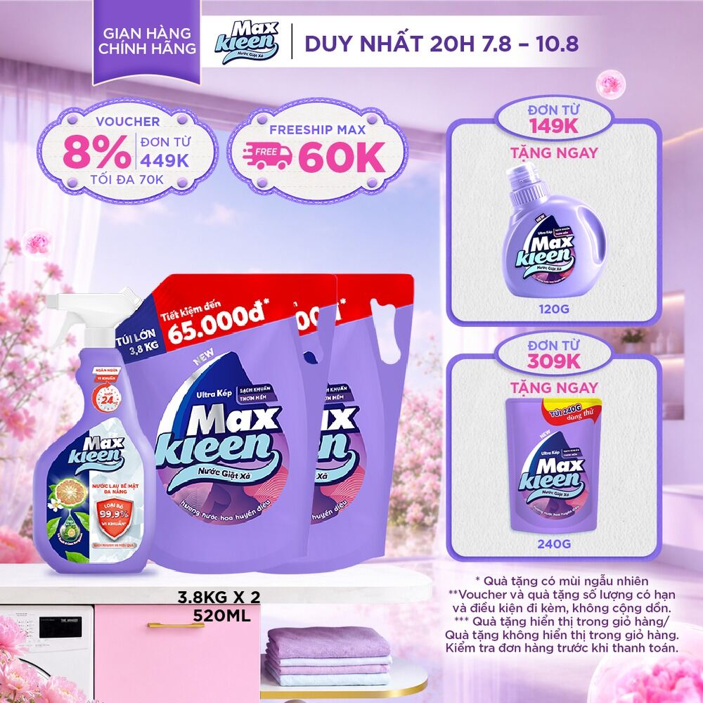 Combo 2 Túi Nước Giặt Xả MaxKleen hương Huyền Diệu (3.8kg/túi) + Lau Bề Mặt Đa Năng