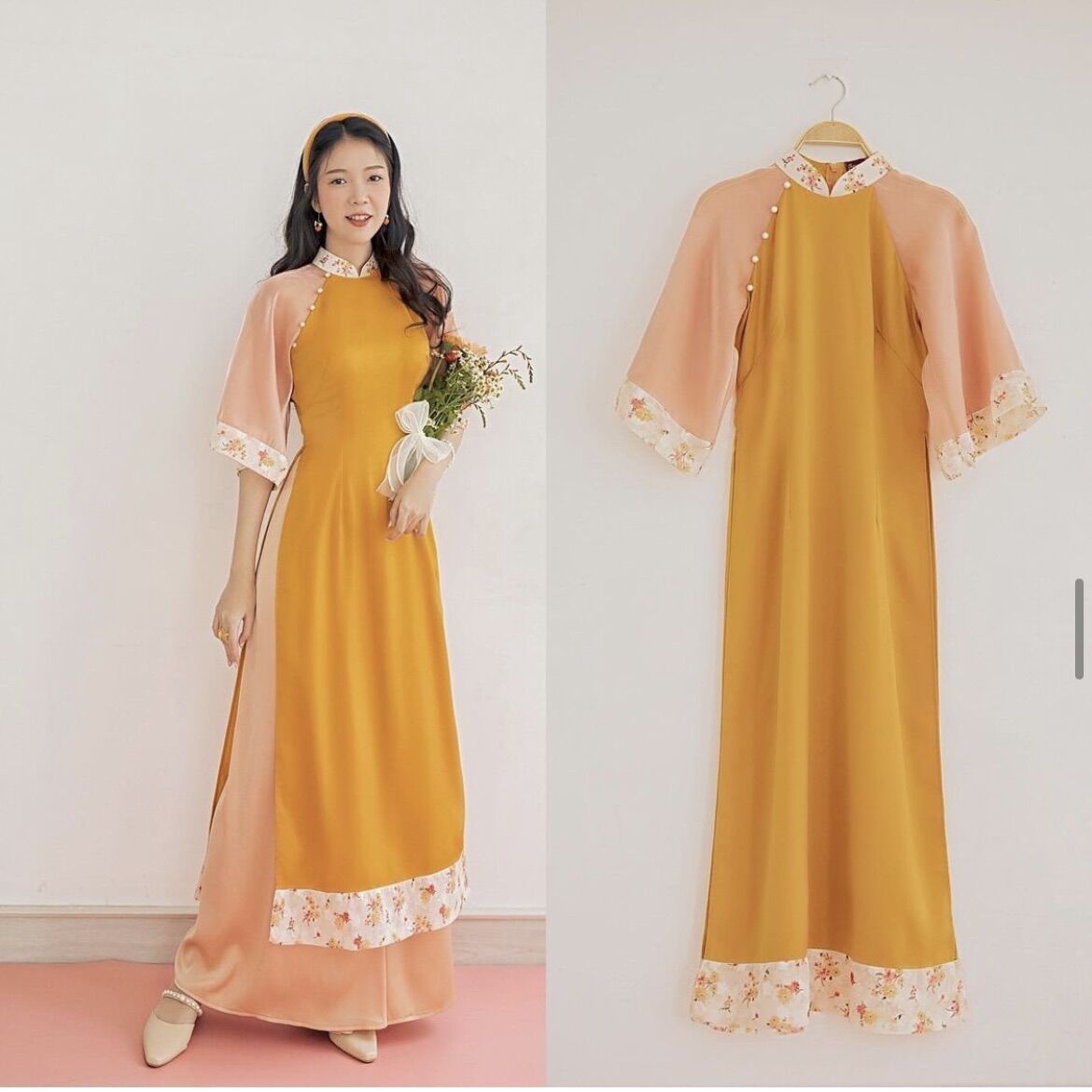 Áo Dài Cách Tân Lụa Phối Hoa Nhí Mới Lạ [BHX_Vàng]