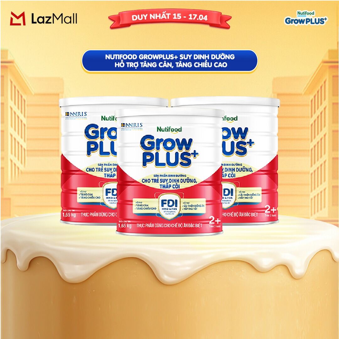 Combo 3 Sữa bột Nutifood GrowPLUS+ Suy Dinh Dưỡng (Đỏ) 2+ - Hỗ trợ tăng cân, tăng chiều cao (3 Lon 1,65 Kg)