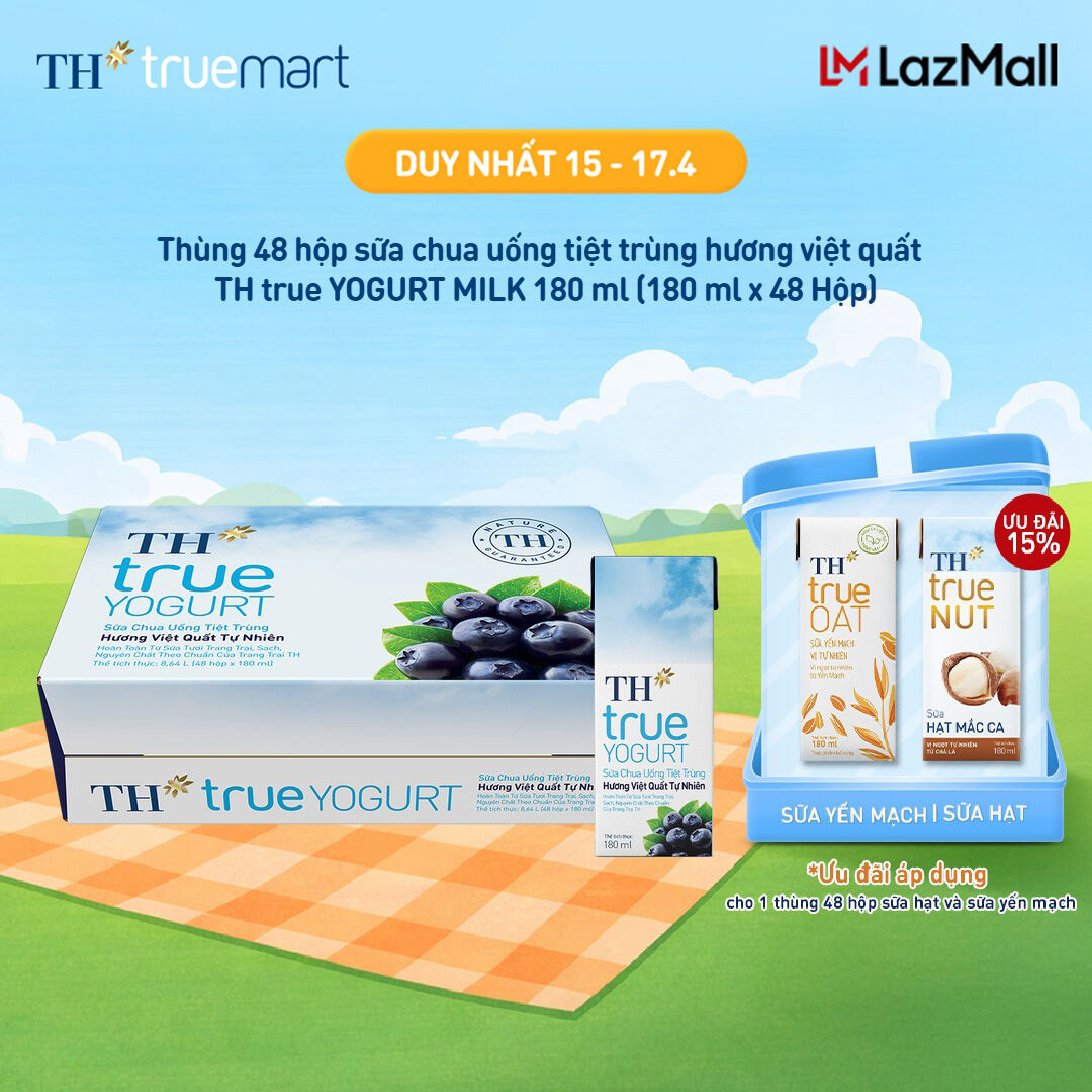 Thùng 48 hộp sữa chua uống tiệt trùng TH true YOGURT hương việt quất tự nhiên 180 ml (180 ml x 48)