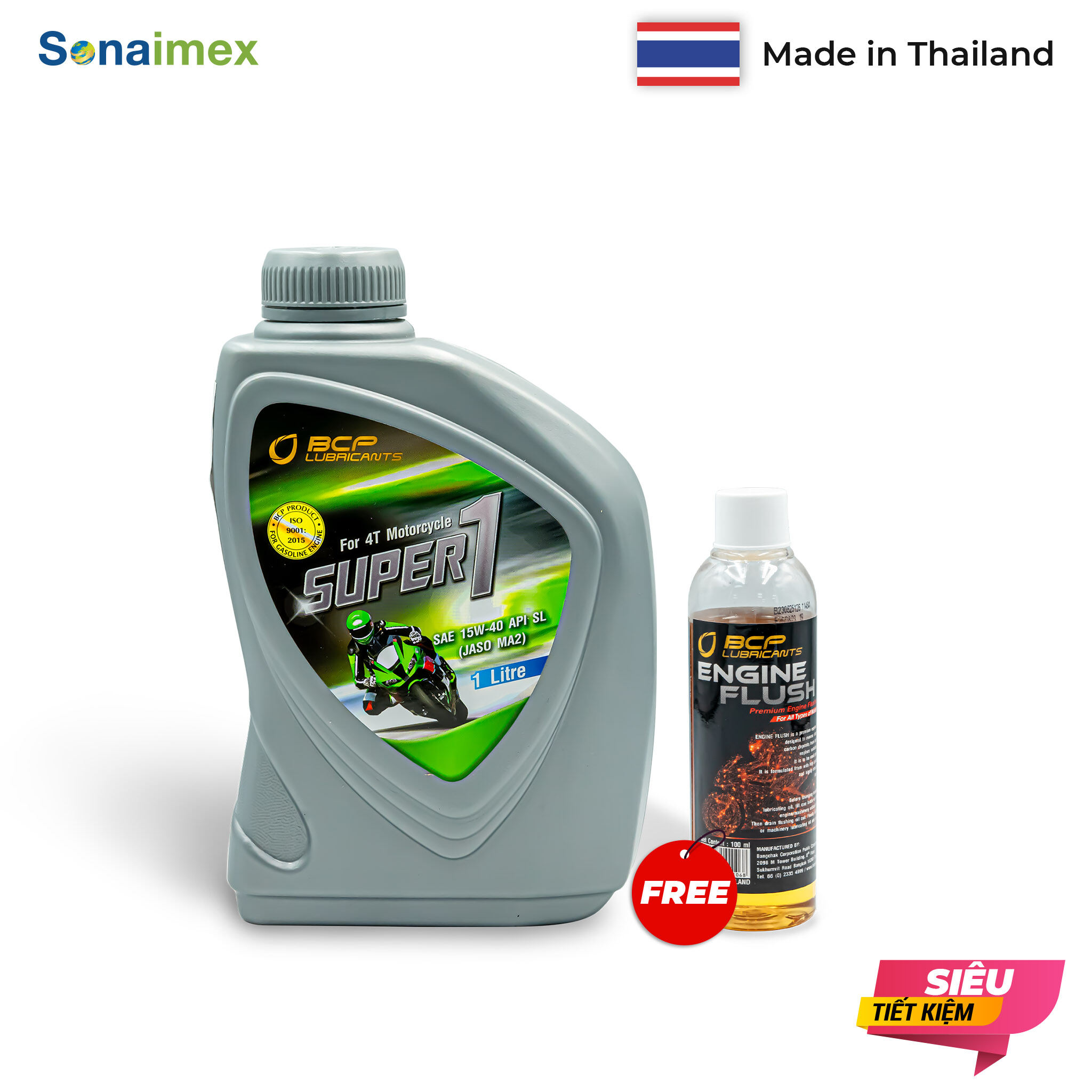 [TIẾT KIỆM] Combo 1 Chai nhớt xe máy BCP Thái Lan 1L SUPER 1 SAE 15W40, API SL, JASO MA2 dành cho xe số 4 thì + 1 Chai dung dịch vệ sinh động cơ BCP Engine Flush 100 ML giúp tăng hiệu suất nhớt mới thay vào, xe chạy êm mượt hơn