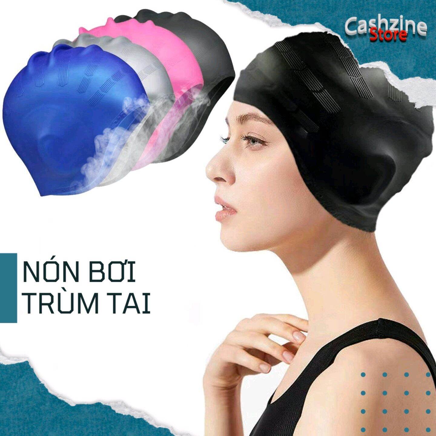 Mũ bơi nữ, nón bơi CONQUEST silicon trùm tai thời trang