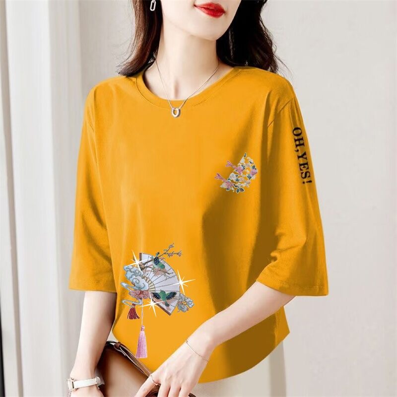 Áo Thun Tay Lửng in Họa Tiết Phong Cách Trung Hoa Rộng Rãi Cho Phụ Nữ Trung Niên Và Cao Tuổi Mùa Hè Thường Ngày