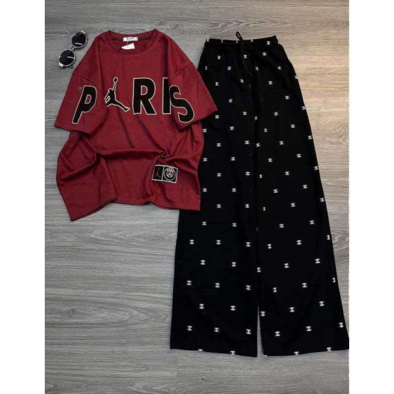 Set bộ áo thun paris chất su mix quần xuông ống rộng in full