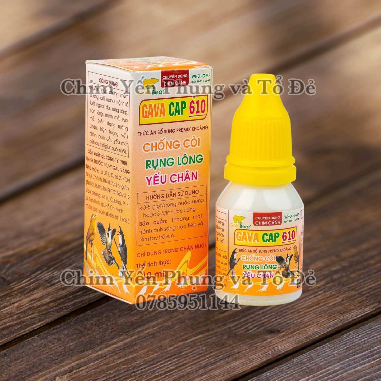 1 chai GAVA CAP 610 vitamin chống còi xương, rụng lông, ốm yếu cho chim.