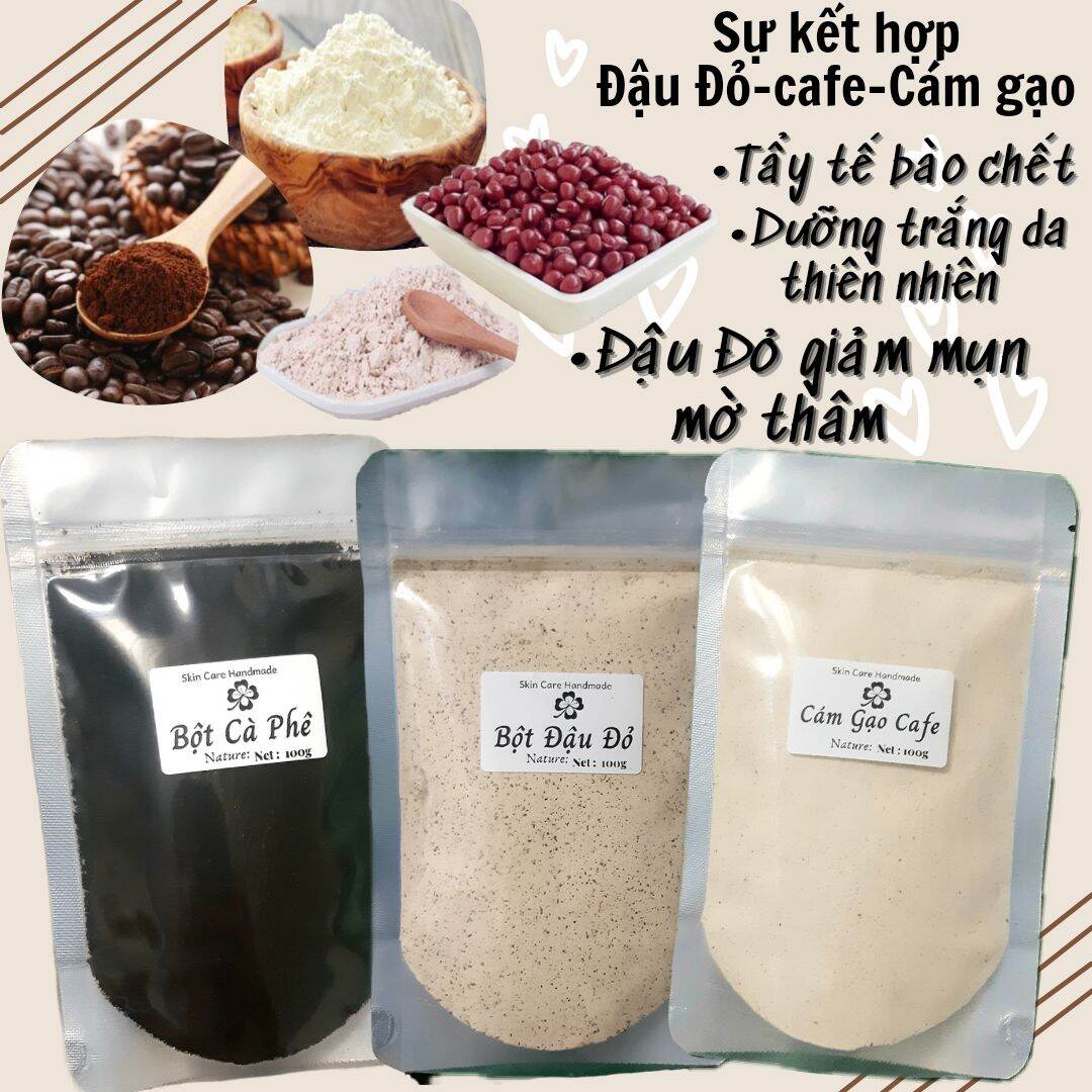 《Mask & Body Scrubs》[ Flash Sale 16K ] Combo 3 Gói 100G Bột Cafe + 100 Bột Đậu Đỏ + 100 Cám Gạo Cafe - Đắp Mặt & Tẩy Tế Bào Chết Body