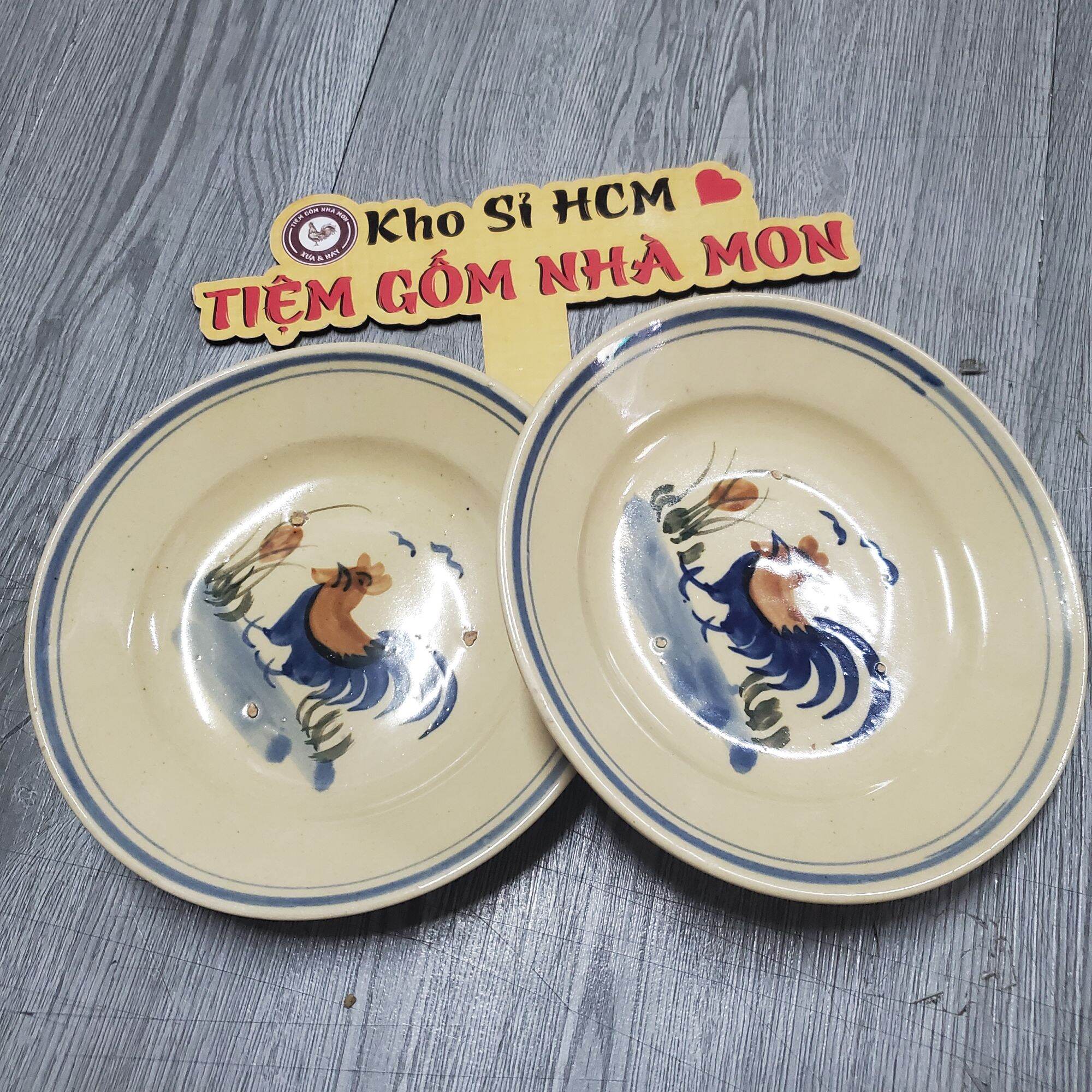 Combo 2c dĩa vẽ gà gốm xưa 20cm