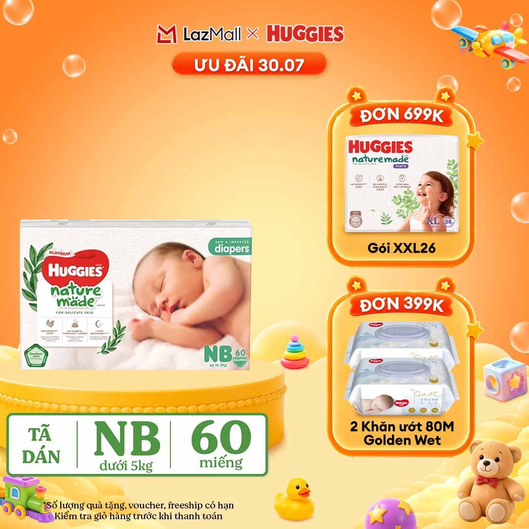 [30.7 QUÀ TẶNG ĐƠN 399K]  Tã/Bỉm dán sơ sinh Huggies Platinum NatureMade NB60 (dưới 5kg)-Gói Jumbo 60 miếng