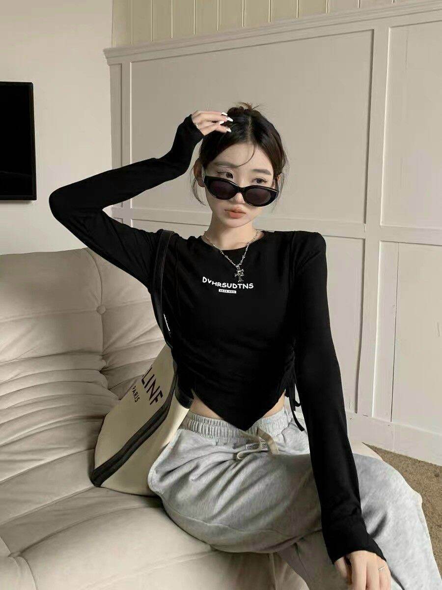 áo kiểu thun dây rút hai bên tay dài in chữ form 47kg(c)
