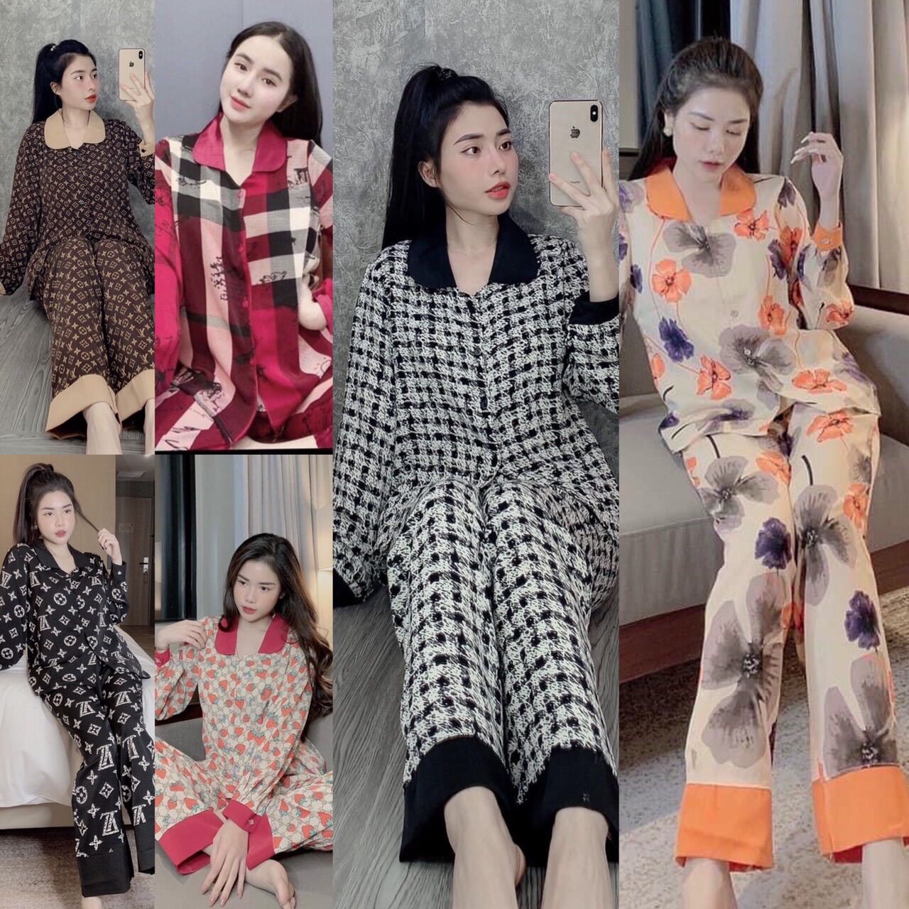 Đồ bộ Pyjama lụa tay dài chất lụa Mango mềm mịn, mát mượt