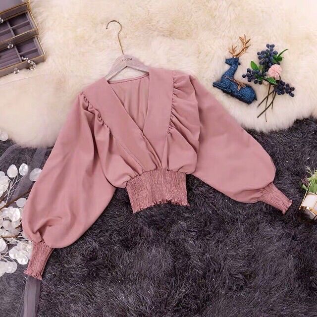Áo kiểu croptop🍁Áo nhúm eo tay dài ống bo🍁