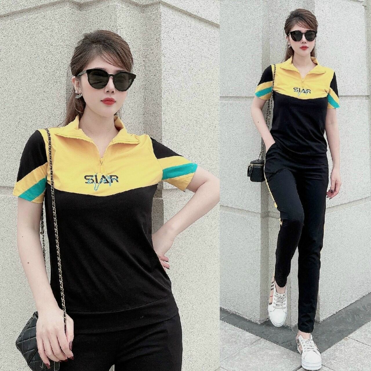 Đồ bộ nữ phối màu khóa kéo thêu chữ sang trọng