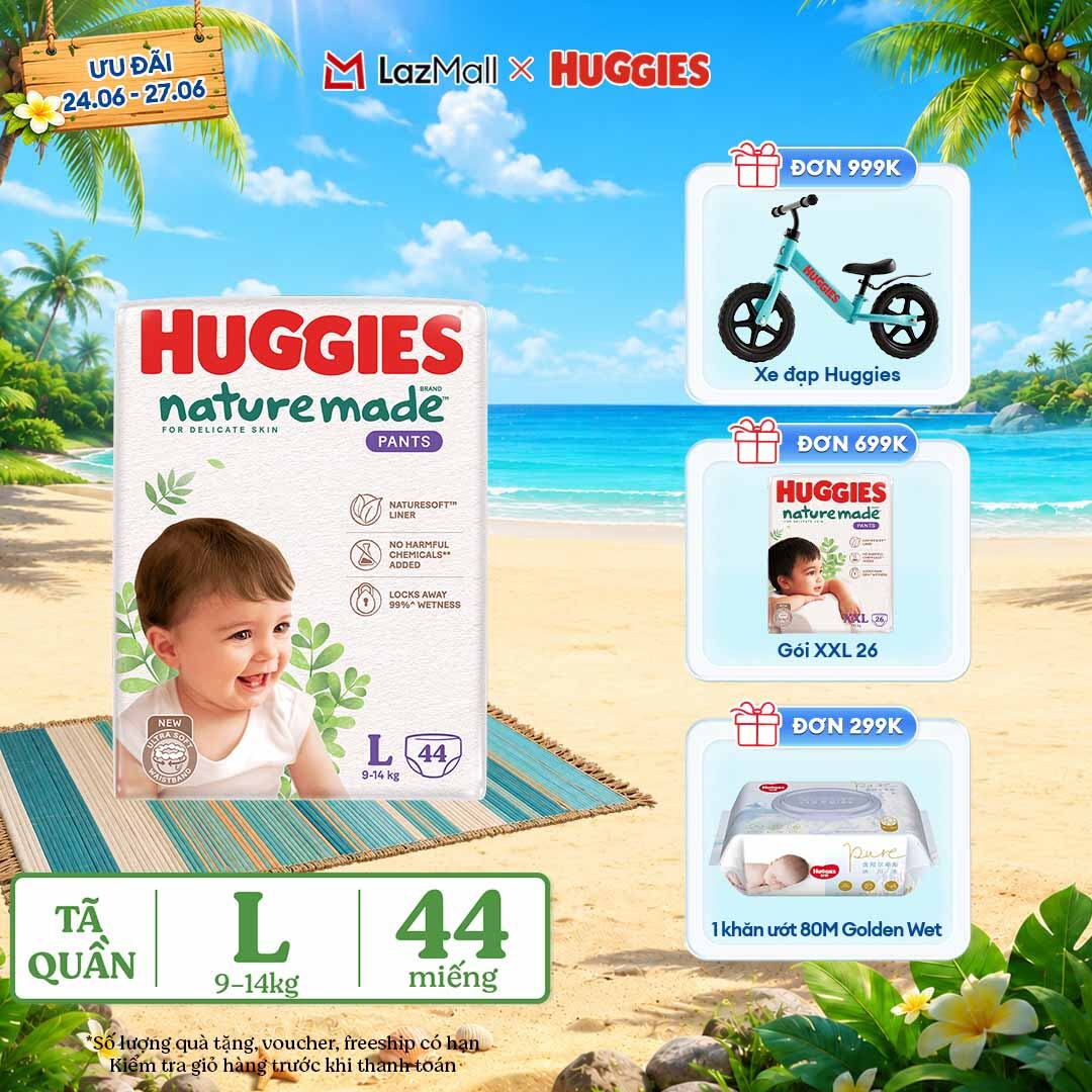 [Chỉ 25-29.06 QUÀ TẶNG ĐƠN 399K](Mua 1 tặng 1) Tã/Bỉm quần HUGGIES PLATINUM NatureMade L44 (9-14kg)-Gói Jumbo 44 miếng