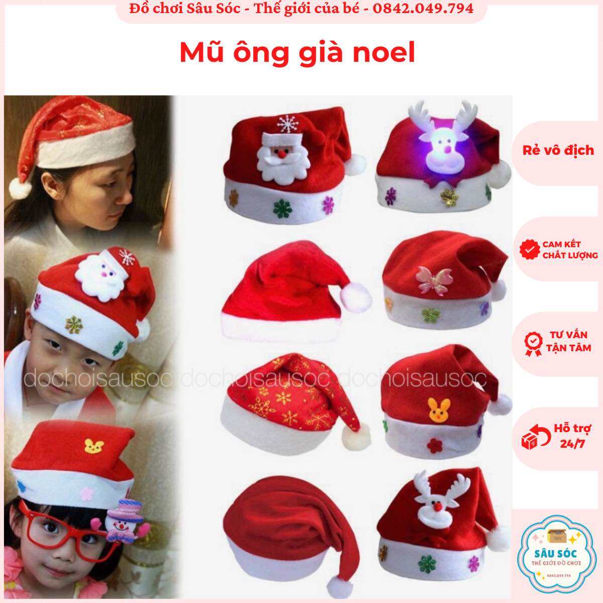 Nón noel, Nón mũ cho bé noel, mũ nhung ông già noel cho bé, mũ giáng sinh cho bé và người lớn Có đèn phát sáng