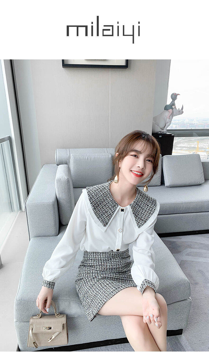 Set Áo Sơ Mi Phối Váy Dạ Tweed Trắng Đen Siêu Đẹp