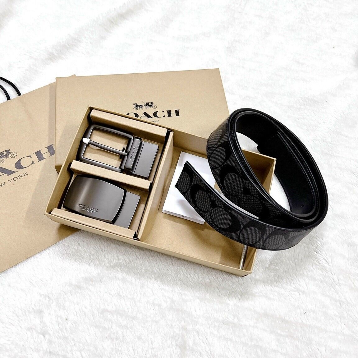 Set thắt lưng nam Coach hàng đẹp, chất da thật pha canvas dày dặn full box