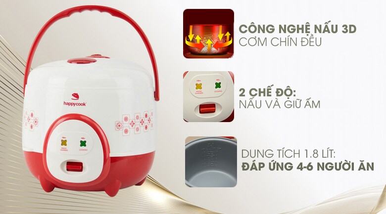 Nồi cơm điện Happycook 1.8 lít HC-180A hàng trưng bầy chính hãng 100% Dung tích: 1.8 lít, Số người ăn 4 - 6 người Công suất: 620 W Lòng nồi dày: Hợp kim nhôm phủ chống dính