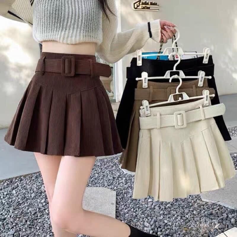 Chân váy nữ, chân váy xếp ly kèm đai,chân váy nhung tăm