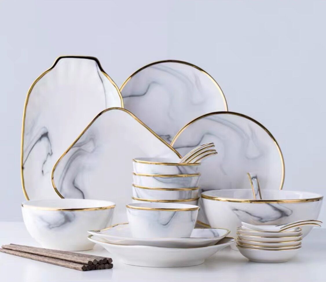 Bộ chén , bát đĩa 32 chi tiết sứ sương cao cấp ghi Vân đá