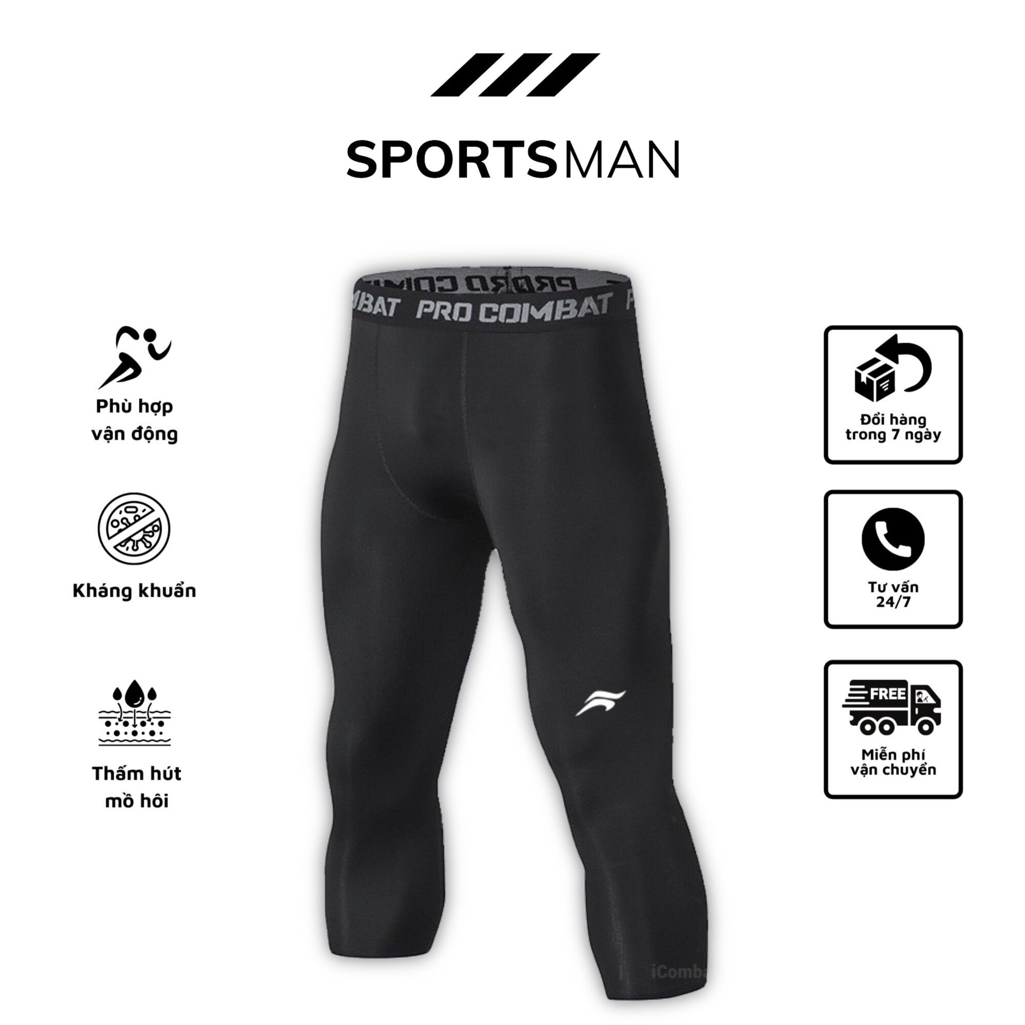 Quần legging lửng Pro Combat Coolmax® ¾ quần thể thao nam ngắn 3/4 full đen