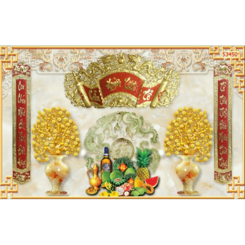 Tranh ban thờ 3d in vải lụa cao cấp dán trang trí tường