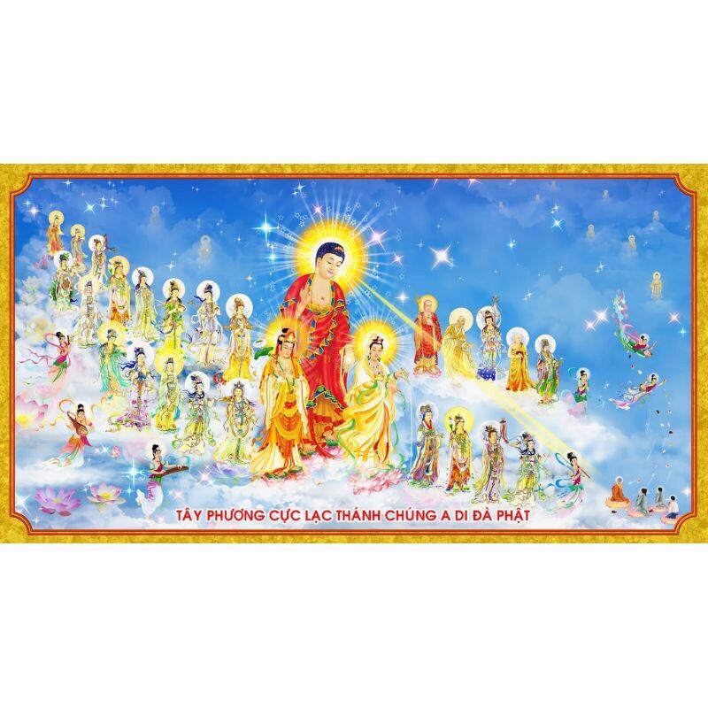 Tranh thêu chữ thập tây phương cực lạc tam thế phật lv3165 kt 113x63cm