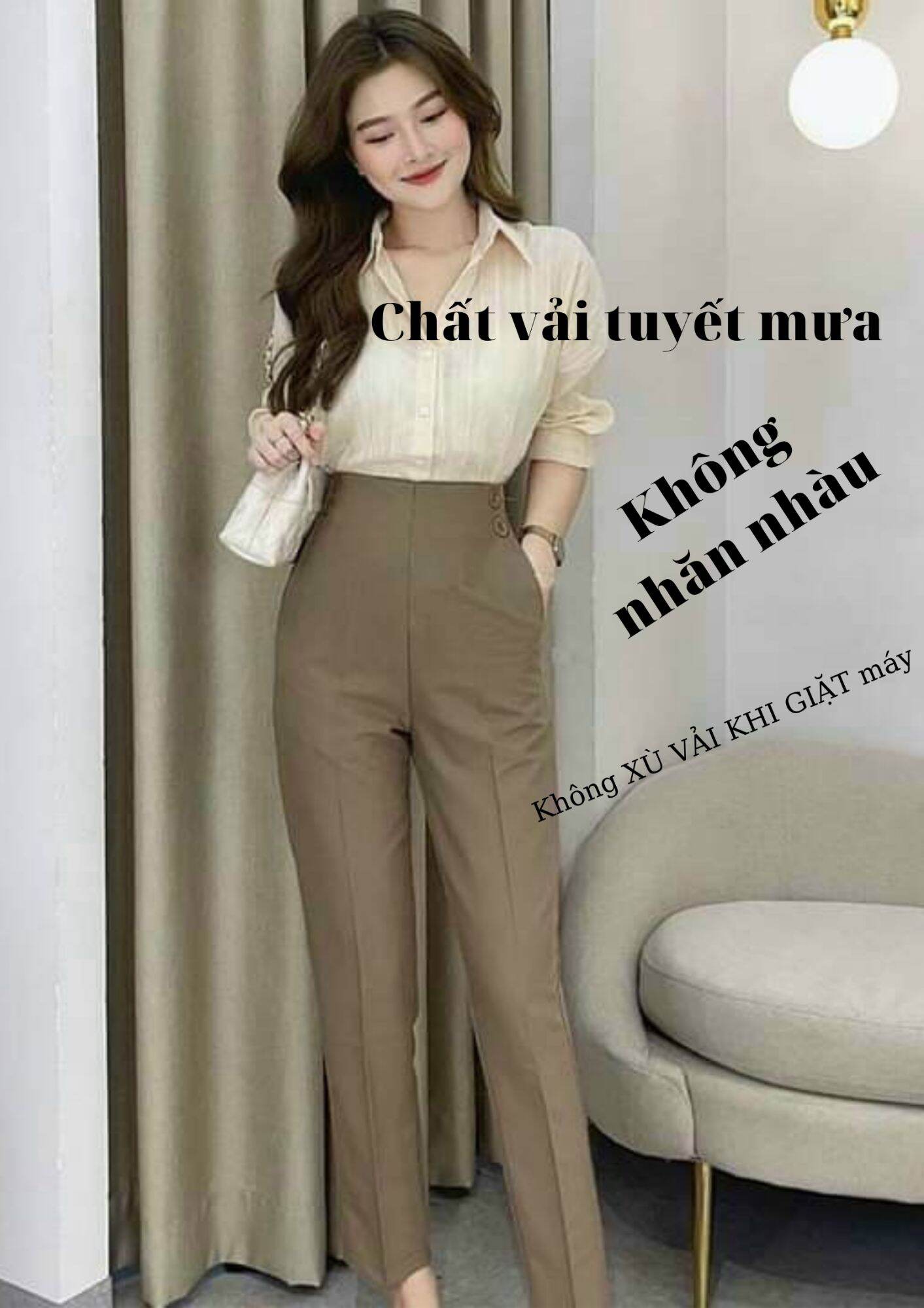 Quần baggy công sở lưng cao cạp liền khóa kéo bên hông