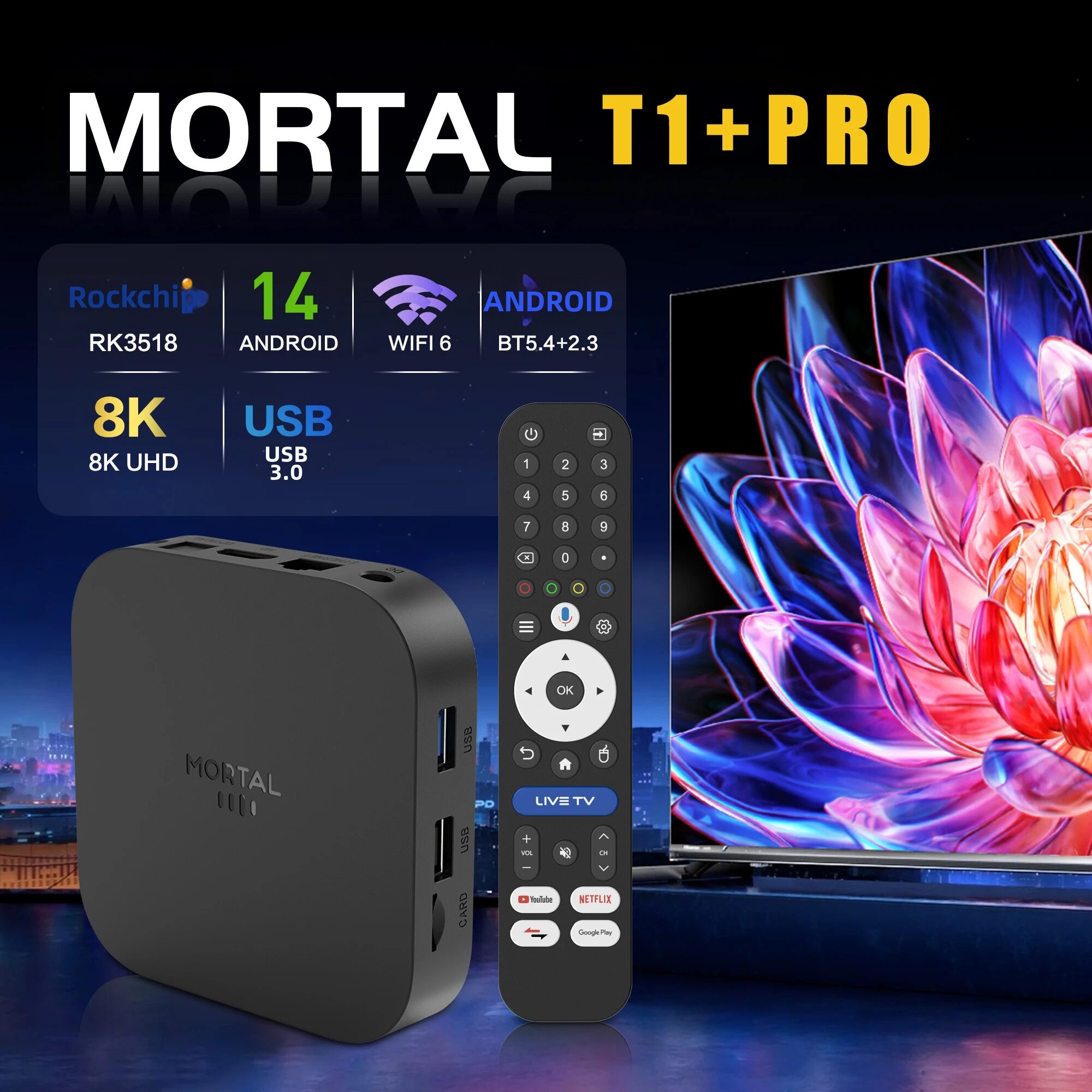 Hộp Giải Mã Truyền Hình MORTAL T1+PRO Android 14 Hỗ Trợ Điều Khiển Bằng Giọng Nói, 8K 4K HD Wifi6 BT5.4, Tích Hợp Đèn LED, Hỗ Trợ HDMI 2.0, Tương Thích Với Netflix, YouTube, Prime Video