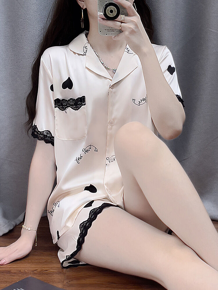 Heart Letter Print White Summer Short Sleeve Shorts Sweet and Fresh Korean Style Pajamas Giá 784,000 Đồng*Miễn phí vận chuyển