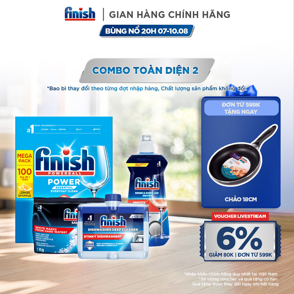 Combo Finish toàn diện 2: Hộp 100 Viên Rửa Bát Essential + Nước Làm Bóng Finish 500ml + Muối Rửa Chén Finish Salt túi 1kg + Dung dịch vệ sinh máy