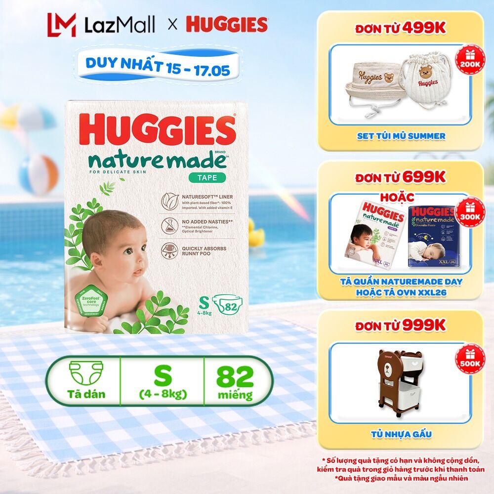 Tã/Bỉm dán sơ sinh Huggies NatureMade Super Jumbo NB60/S82