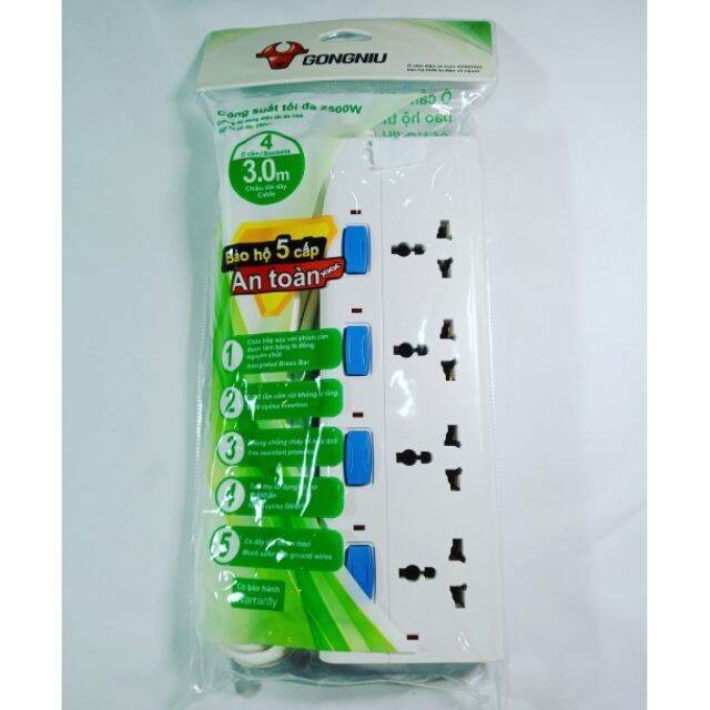 [HCM]Ổ cắm điện chống sét Gongniu 3m (4 ổ đa năng + 4 công tắc)