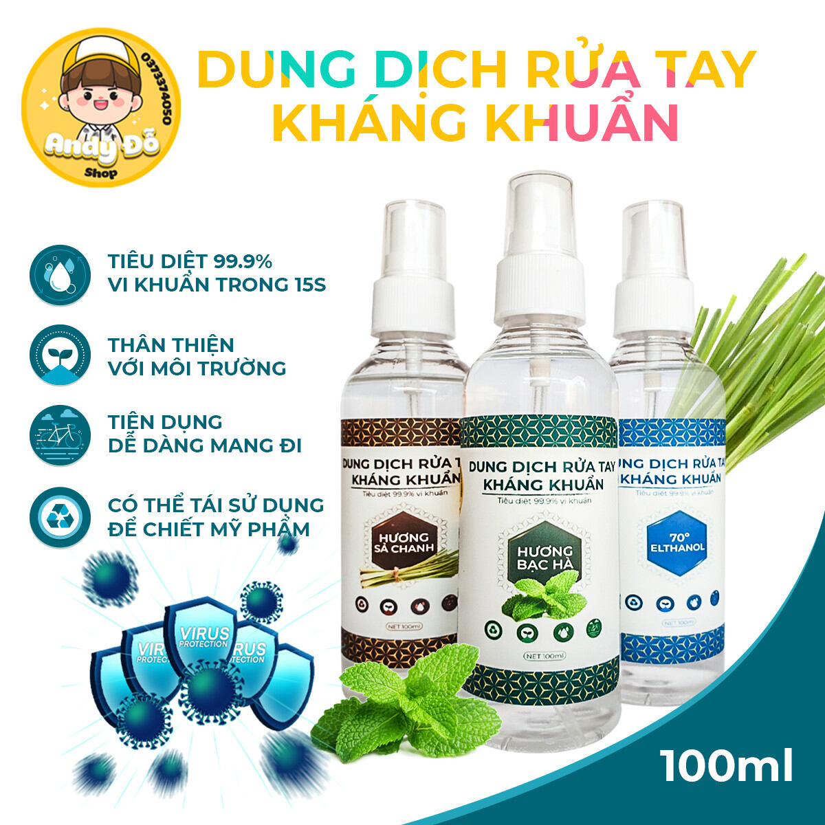 Dung dịch rửa tay kháng khuẩn nhanh andy đỗ chai 100ml