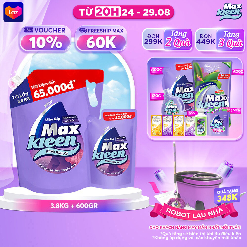 Combo Nước giặt xả MaxKleen Hương Nước Hoa Huyền Diệu: 1 Túi 3.8kg + 1 Túi 600g