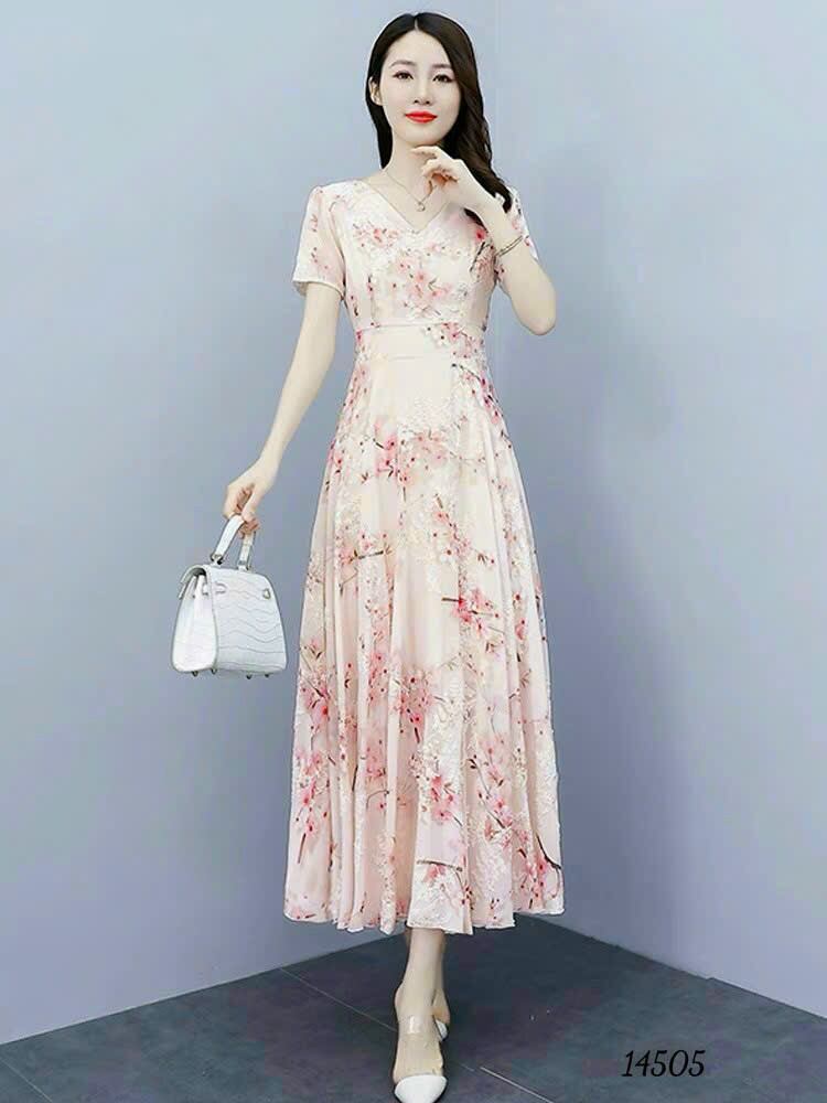 Đầm Hoa Chất Lụa Satin Dáng Dài Size 40kg đến 70kg