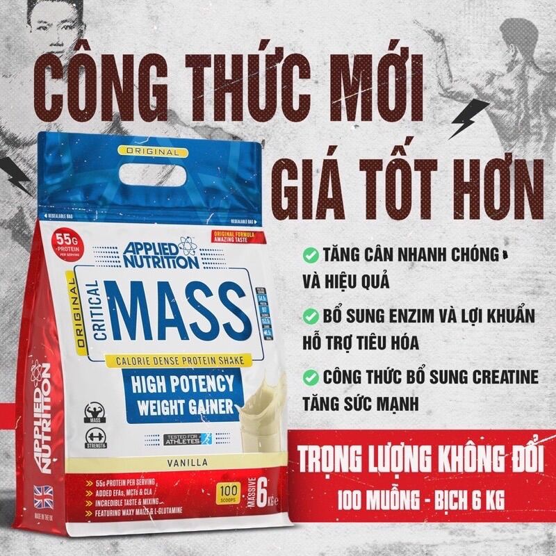 Sữa Dinh Dưỡng Tăng Cân Nhanh, Chuyên Tăng Cơ Nạc Applied Nutrition Original Critical Mass 6kg