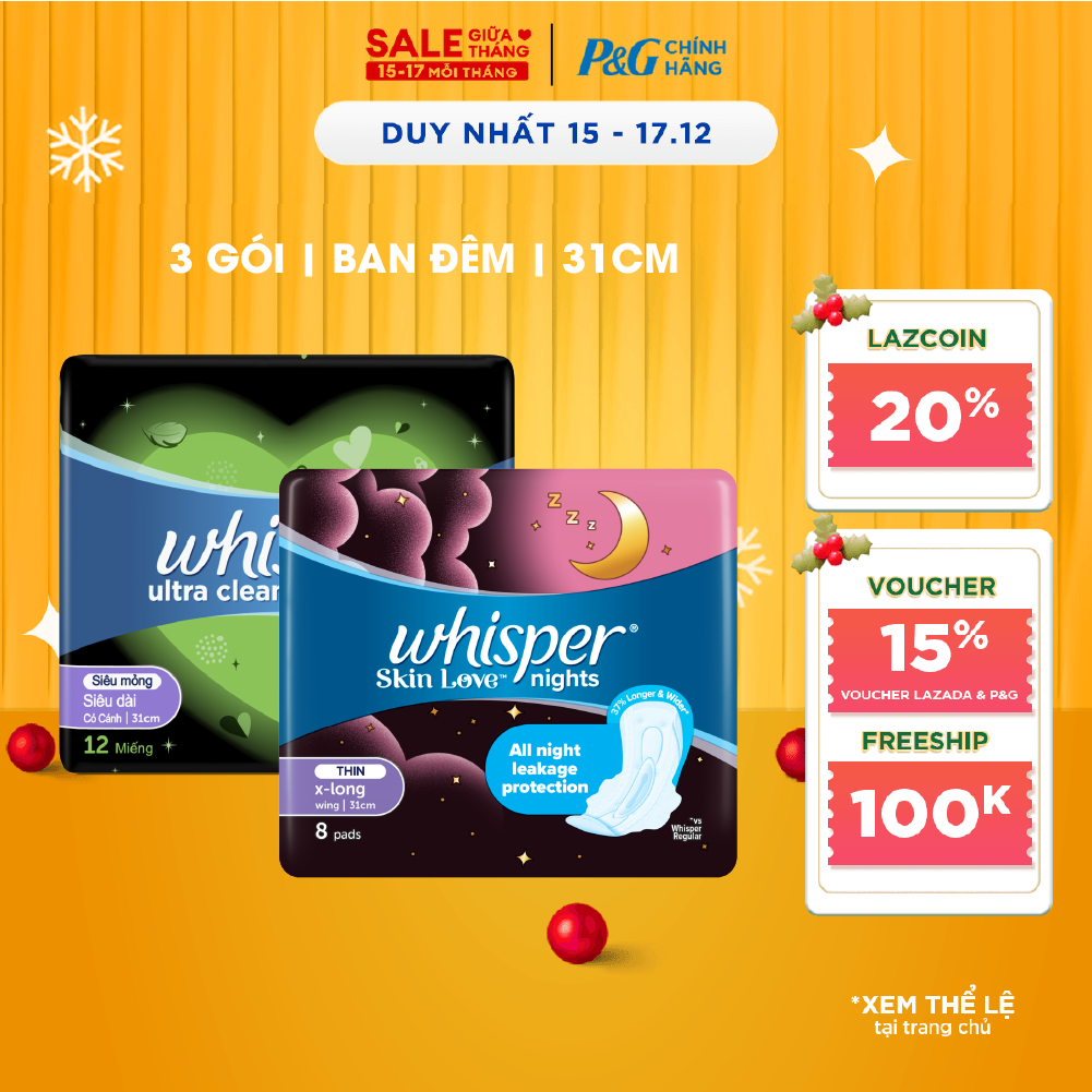  Combo 3 Băng Vệ Sinh WHISPER Ultra Clean  Skin Love Khô Thoáng Siêu Mỏng Cho Đêm Nhiều Có Cánh 31cm 12 Miếng  8 Miếng 