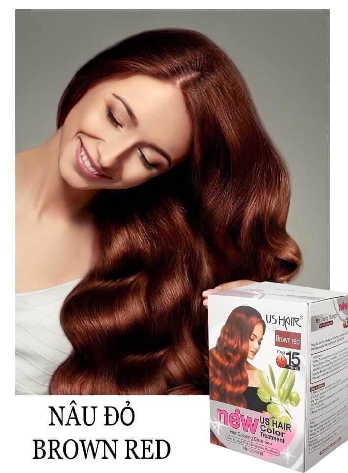 (màu nâu đỏ) 4 gói US HAIR dầu gội phủ bạc lên màu thời trang