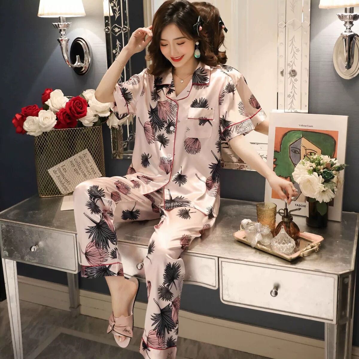 Pizama phi lụa họa tiết lá Tay Ngắn dễ thương - Y22 (Kèm ảnh+ video thật)