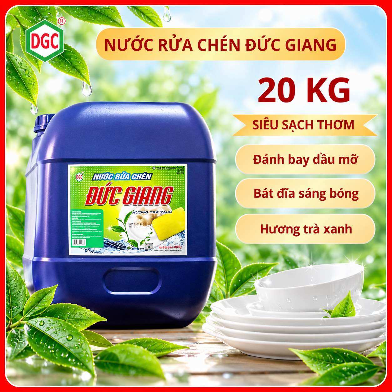 Nước rửa chén Đức Giang 20 kg siêu sạch thơm hương trà xanh đánh bay dầu mỡ bát đĩa sáng bóng