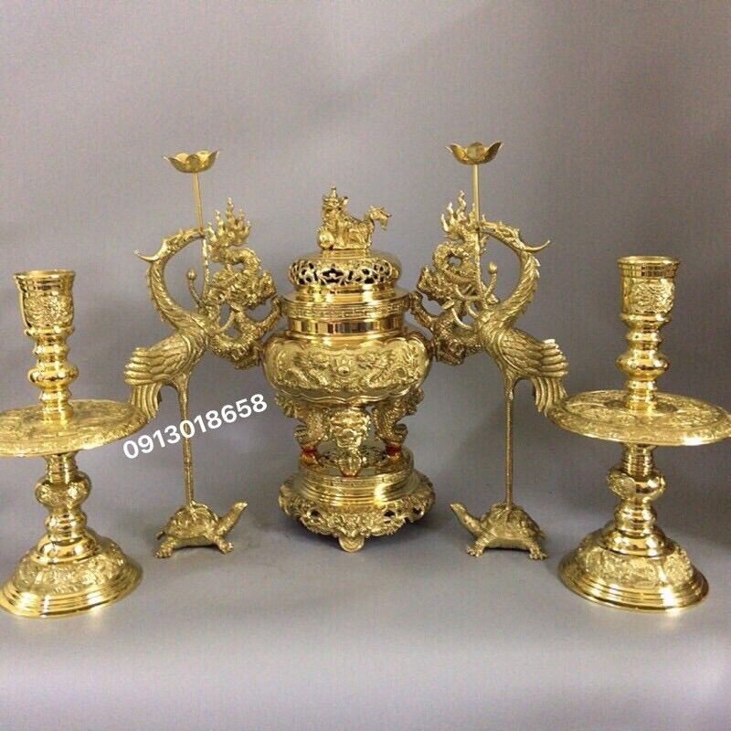 Bộ đỉnh thờ lư thờ bằng đồng cao 34cm, bộ đồ thờ ngũ sự bằng đồng, lư hương bằng đồng