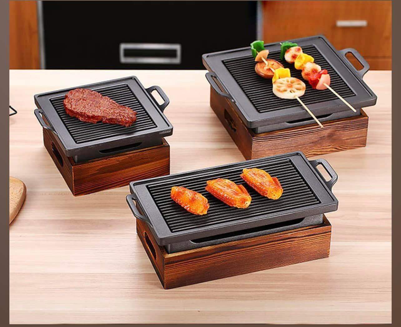 Bếp nướng thịt bếp gang chân gỗ đá nướng