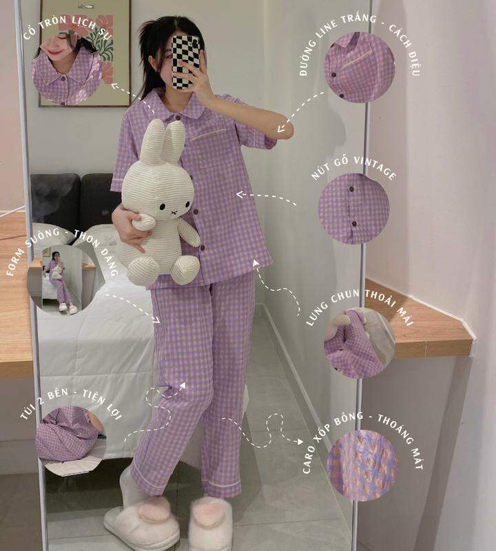 Sét bộ pyjama kẻ tay cộc quần dài.