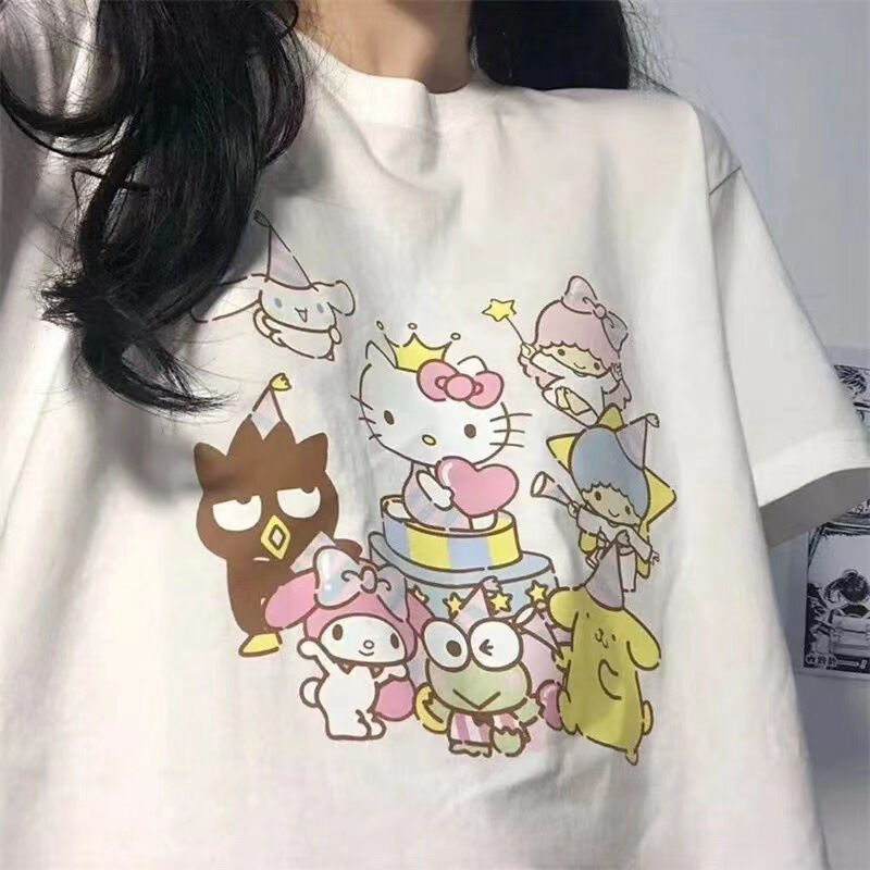 Sanrio Hello Kitty Kuromi Cinnamoroll Áo Thun Kawaii Mùa Hè Dép Nỉ Tee Nữ Y2k Bé Gái Anime Nữ Quần Á