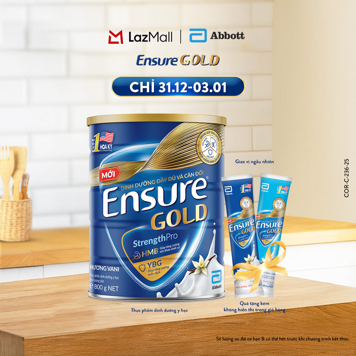 CHỈ 31.12-03.01 GIÁ TỐT MUA NGAY-SLCH Tặng 2 gói dùng thử vị ngẫu nhiên Sữa bột Ensure Gold hương Vani 800g
