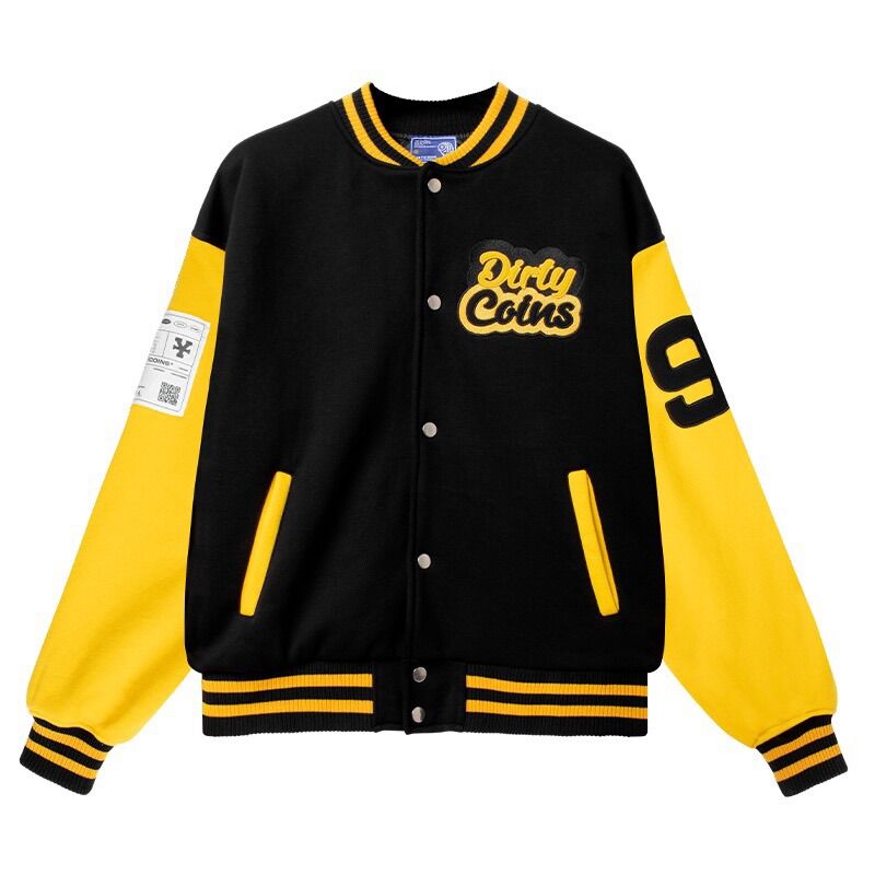 Full Tag - Áo Khoác DirtyCoins Embroide Rad Varsity Jacket Bomber Form Rộng Tay Phối Đen Tay Vàng Dirty Coins
