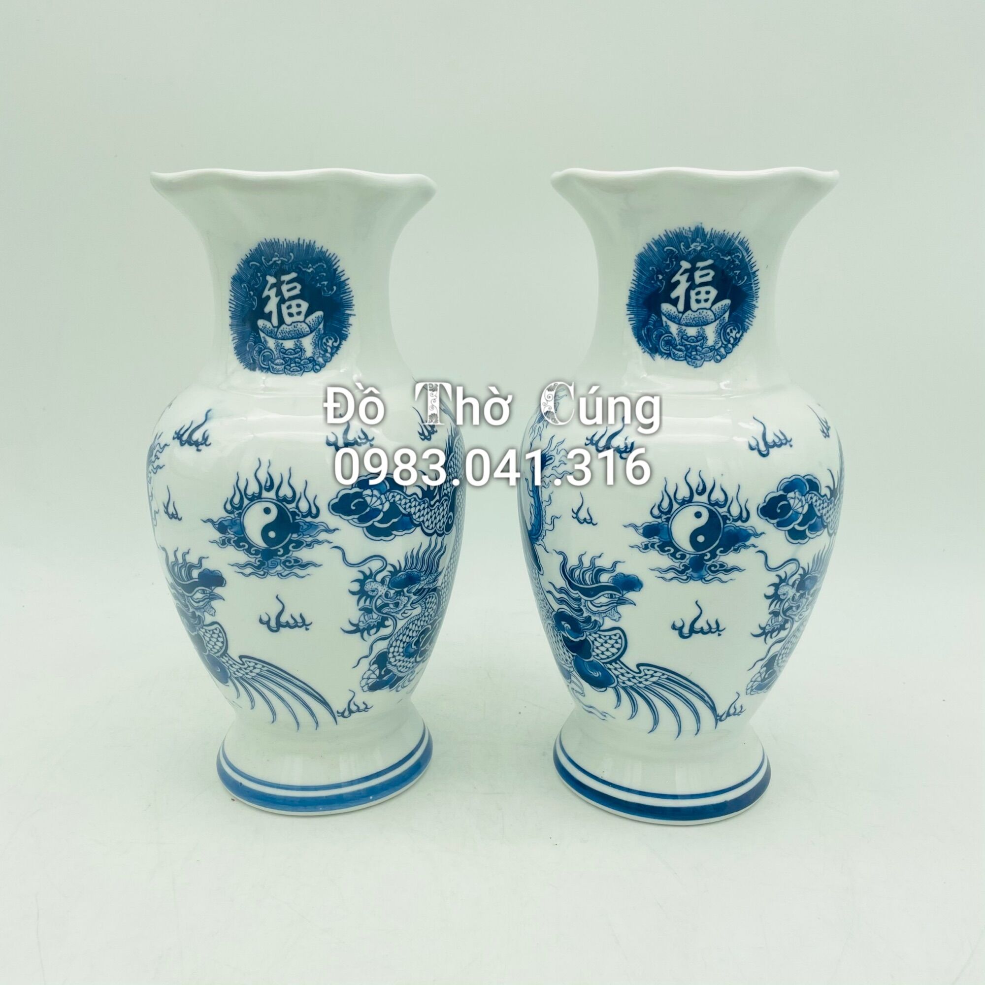 Lọ cắm hoa thờ miệng lượn men lam