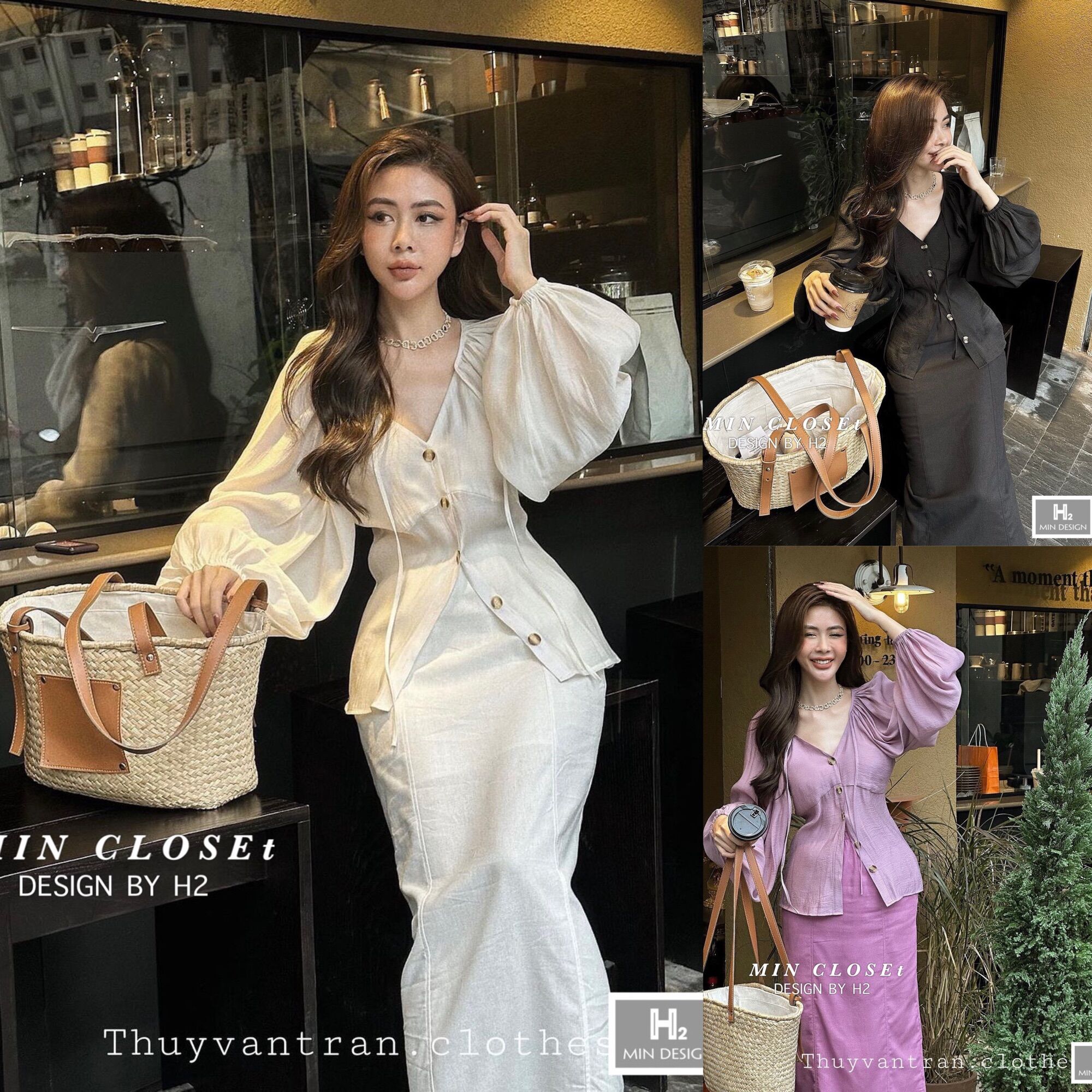 Set váy áo tơ cài khuy tay bồng chân váy dài Vy.Clothes