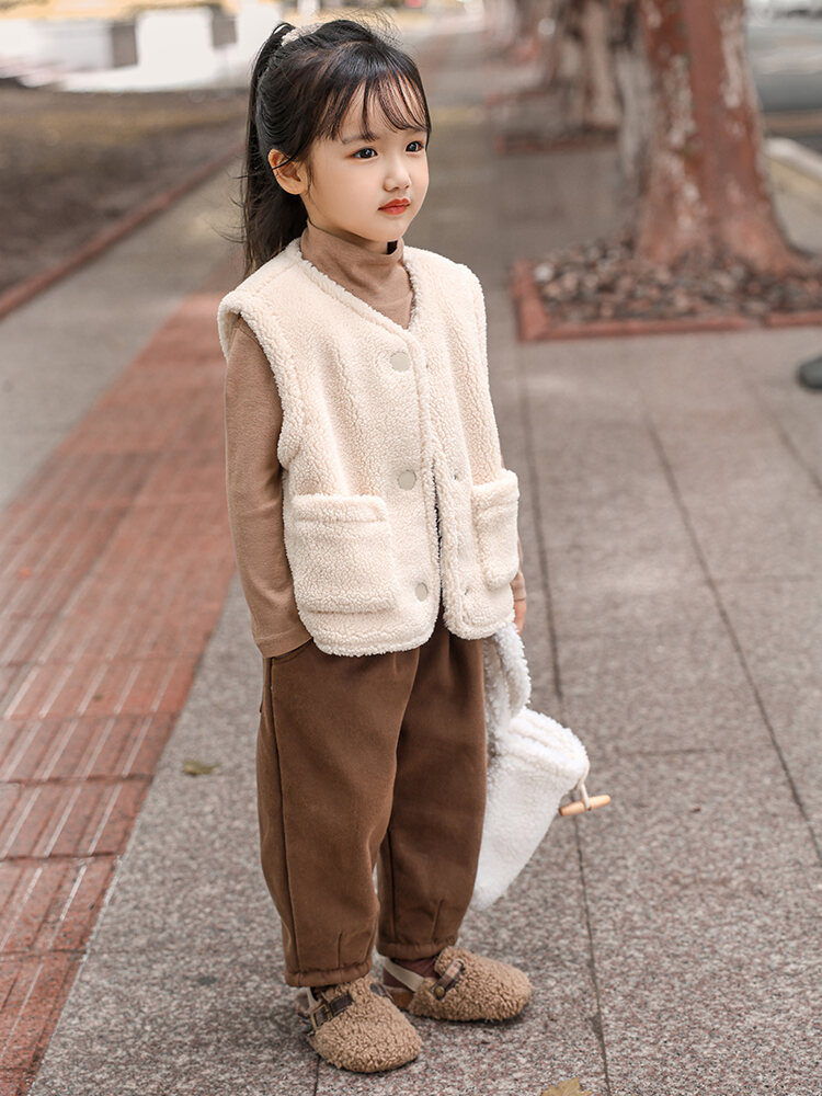 Áo Vest Lót Lông Cừu Dày Thời Trang Cho Bé Trai Mùa Đông Ấm Áp Phong Cách Hàn Quốc Có Nút Cài Áo Dài Tay Màu Trơn